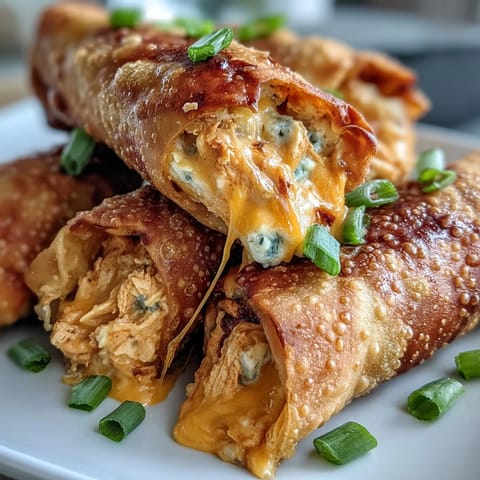 Golden, crispy Buffalo Chicken Dip Egg Rolls served with a small bowl of ranch for dipping.