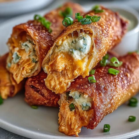 Crunchy egg roll wrappers stuffed with spicy buffalo chicken dip and melty cheddar cheese.