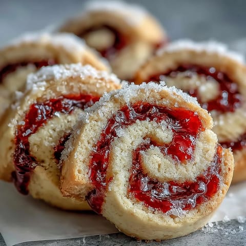 Close-up of a split Raspberry Swirl Shortbread Cookie revealing buttery crumb and tangy raspberry filling.