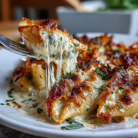Golden baked Pumpkin & Gouda Stuffed Shells topped with crispy sage in a creamy brown butter Alfredo sauce. 