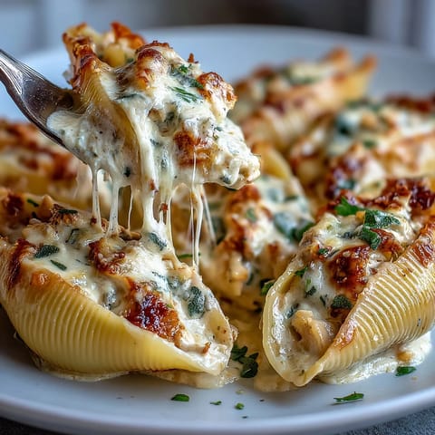 Freshly baked Pumpkin & Gouda Stuffed Shells served hot from the oven on a rustic white plate. 