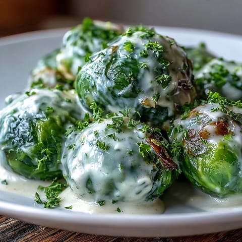 Bright green Brussels sprouts rest in a creamy Dijon mustard sauce, garnished with fresh parsley and ready to serve.