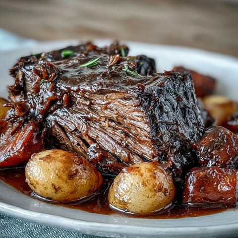 Hearty gluten-free beef pot roast plated with buttery vegetables, fresh parsley garnish, and ladle of glossy pan sauce ready to serve.