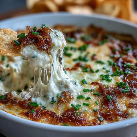 Warm, bubbly Smoked Gouda & Onion Dip fresh from the oven, golden and garnished with chives.
