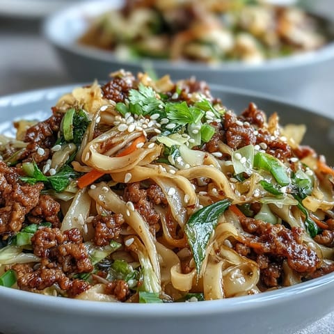 Steaming Potsticker Noodle Bowls feature rice noodles and savory ground pork coated in a rich soy-ginger sauce for a comforting meal.
