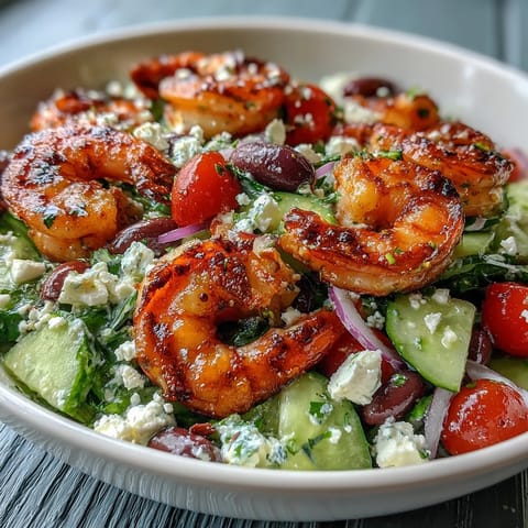 Bright grilled shrimp atop a Greek Shrimp Bowl with crisp cucumber, tomatoes, olives, feta, and lemon-olive oil dressing.
