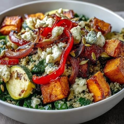 Warm salad bowl filled with quinoa, roasted sweet potatoes, and wilted spinach, drizzled with a bright, homemade warm vinaigrette.