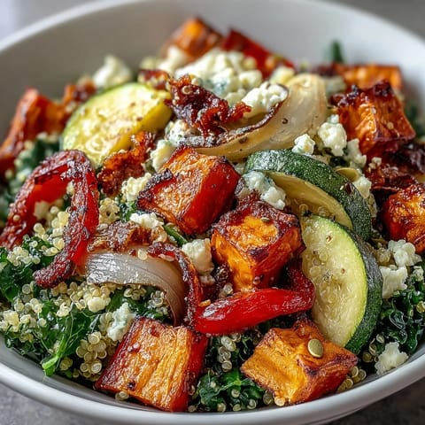 A close-up view of a vibrant warm salad bowl featuring roasted bell peppers, zucchini, and feta cheese over a bed of grains.