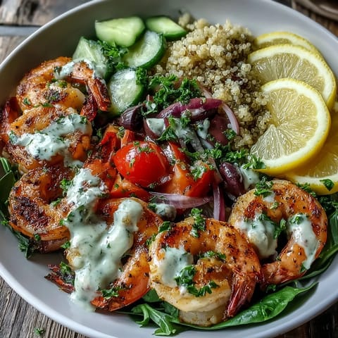 A close-up view of the Mediterranean Shrimp Bowl with sautéed shrimp, fresh tomatoes, cucumbers, and a drizzle of tahini sauce over quinoa.