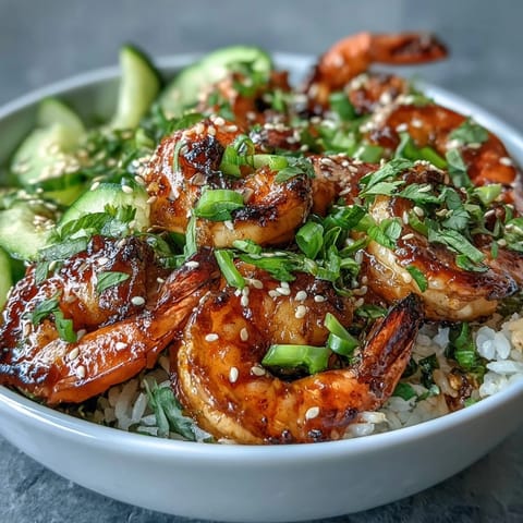 Freshly grilled shrimp sits atop fluffy jasmine rice, mixed with crisp cucumber and crunchy carrots, all drizzled with a tangy ginger-sesame dressing.