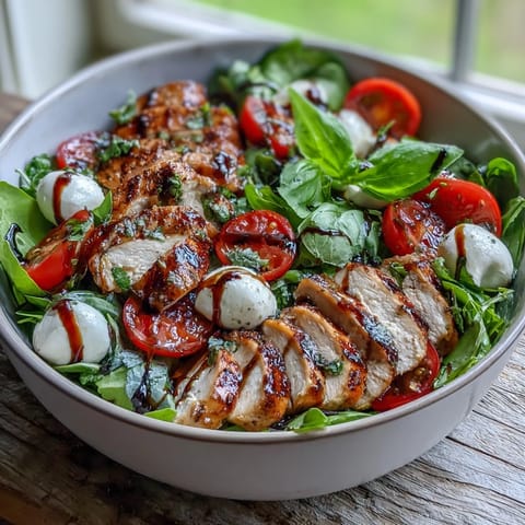 Vibrant Caprese Chicken Bowl featuring juicy grilled chicken, creamy mozzarella, ripe tomatoes, and fresh basil leaves.