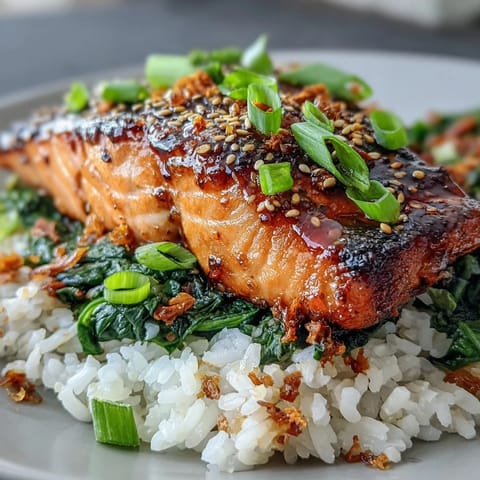 Golden-brown miso glazed salmon fillets resting on a bed of fluffy jasmine rice and sautéed spinach, garnished with green onions and sesame seeds.
