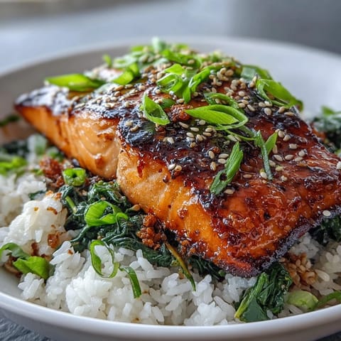 A close-up of a Japanese-inspired miso glazed salmon bowl featuring tender fish, vibrant spinach, and fragrant rice for a balanced dinner.