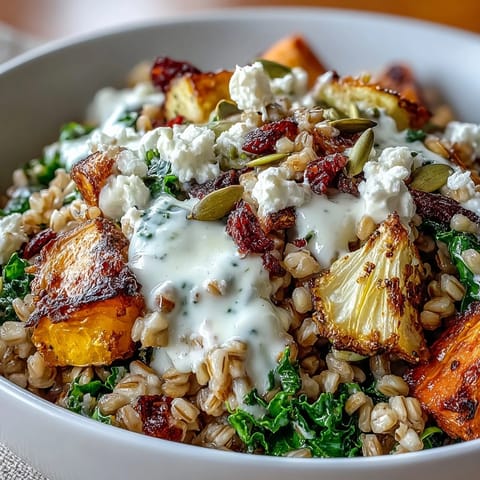 Vibrant Hearty Winter Grain Bowl with roasted root vegetables, sautéed kale, and creamy tahini dressing in a cozy bowl.