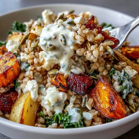Hearty Winter Grain Bowl topped with golden roasted carrots, parsnips, sweet potatoes, and feta, garnished with fresh parsley.