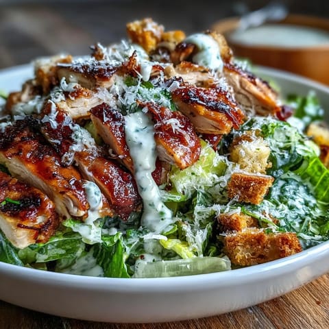 Juicy grilled chicken slices over crisp romaine lettuce, topped with creamy Caesar Chicken Bowl dressing, parmesan, and crunchy croutons for dinner.