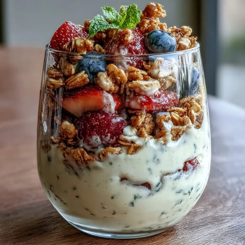 Creamy Hojicha Panna Cotta Parfait layered with fresh berries and crunchy granola in a glass.