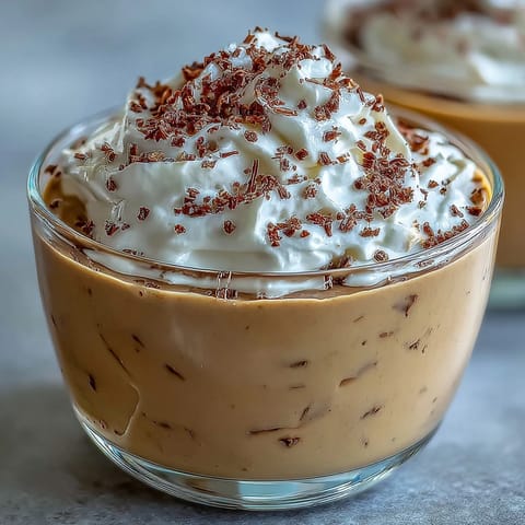 Chilled Hojicha Pudding topped with whipped cream and cocoa powder, served elegantly in a small glass.