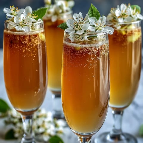 Elegant Elderflower Guava Mimosa in a champagne flute with edible flowers and fresh guava slice, perfect for brunch celebrations.  