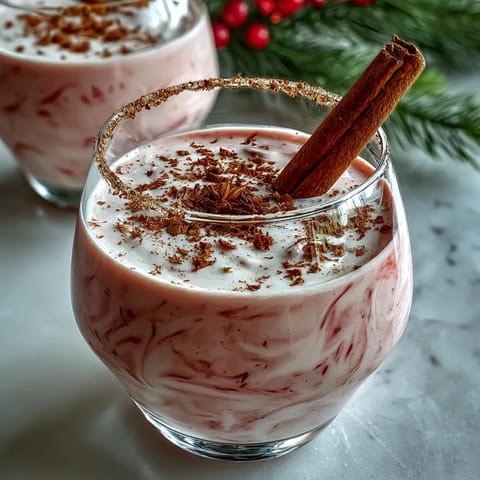 A creamy glass of guava coquito garnished with cinnamon sticks and a dusting of nutmeg.
