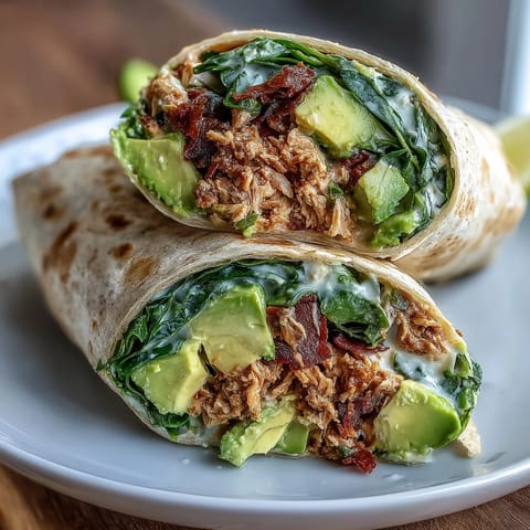Creamy avocado and tuna filling wrapped in whole wheat tortillas with fresh spinach for a healthy, protein-packed lunch