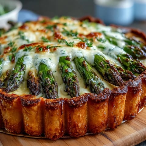 Spring asparagus tart with puff pastry, golden and flaky, topped with tender asparagus spears and creamy cheese.