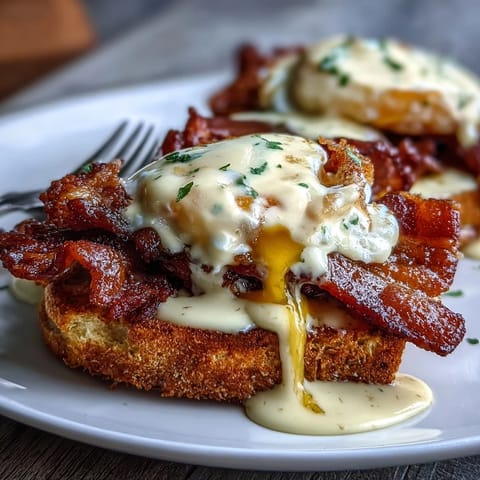 Classic Eggs Benedict with Hollandaise sauce, featuring poached eggs and Canadian bacon on toasted English muffins, garnished with fresh chives.