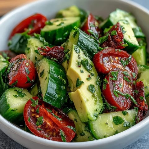 Bright and colorful cucumber tomato avocado salad with lemon dressing, perfect for picnics or light lunches.  