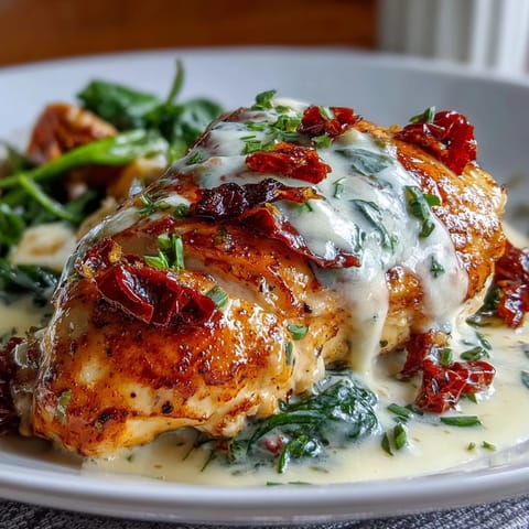 Creamy Tuscan Chicken with Sun-Dried Tomatoes in a rich, golden sauce with spinach and fresh basil.