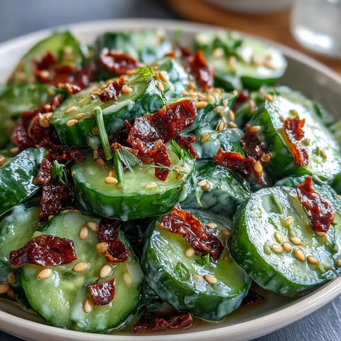 Crispy smashed cucumbers tossed in a tangy garlic chili oil dressing, topped with sesame seeds.
