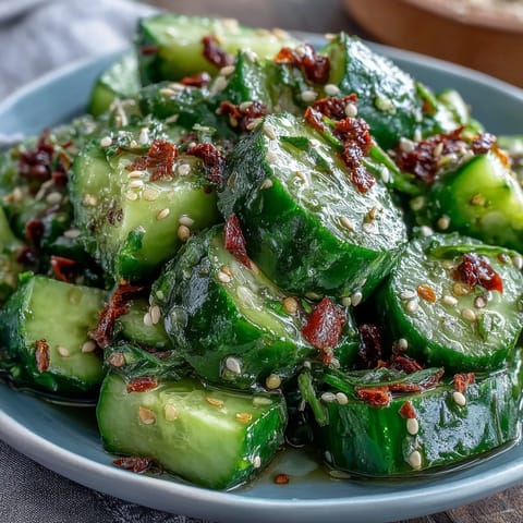 Smashed cucumber salad bursting with garlicky, spicy flavors and fresh scallions for a refreshing crunch.