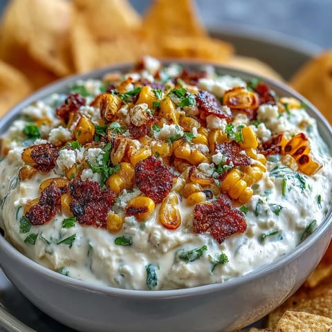 Creamy elote dip with charred corn, cotija cheese, and lime served with crispy tortilla chips for dipping.