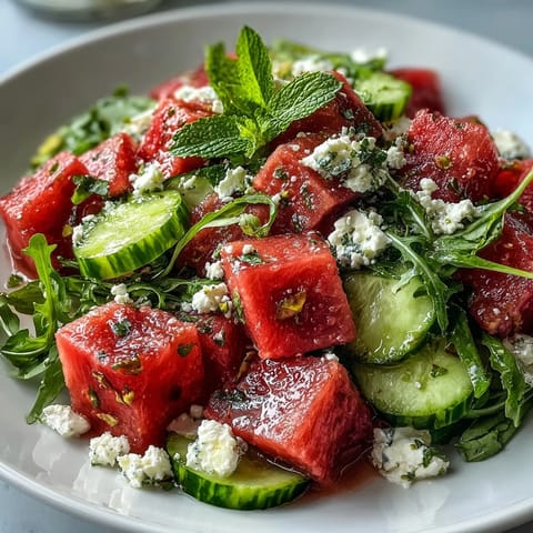 Vibrant watermelon and arugula salad with creamy feta, fresh mint, and zesty lime dressing, perfect for a light summer meal.