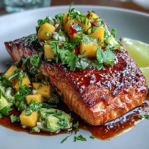 Baked salmon with mango avocado salsa served on a white plate with vibrant tropical colors.