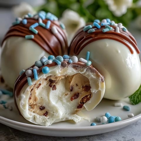 White Chocolate Peanut Butter Easter Eggs with Sprinkles: creamy peanut butter centers coated in smooth white chocolate and topped with colorful sprinkles.