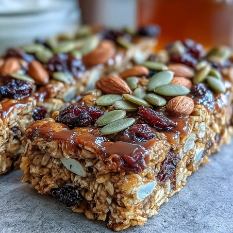 Nut-free granola bars with honey and oats, baked golden and chewy, packed with pumpkin seeds and dried cranberries for a wholesome snack.