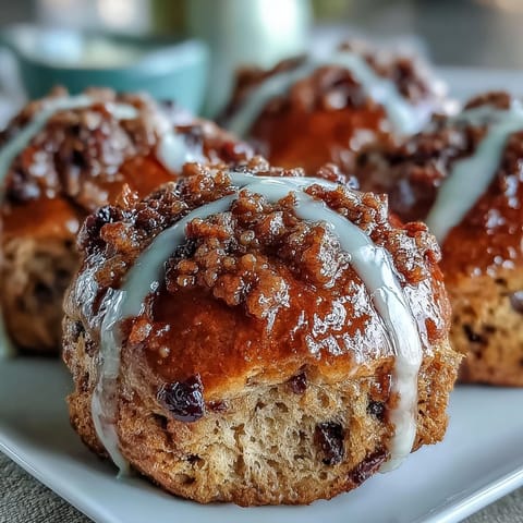 Soft, spiced hot cross buns topped with a sweet orange glaze, perfect for Easter brunch.