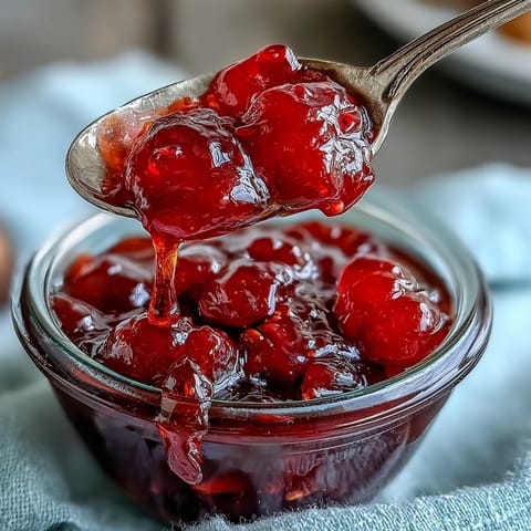 Homemade cottagecore strawberry jam with vibrant red berries and sweet aroma, perfect for rustic breakfast spreads and gifting.
