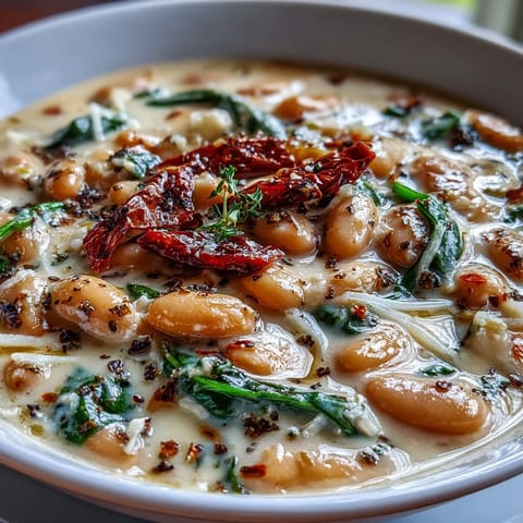 Creamy Tuscan White Bean Soup with tender spinach and sun-dried tomatoes in a rich, velvety broth.  