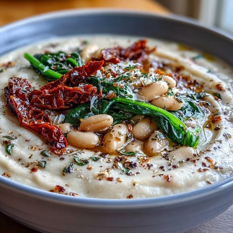 A comforting bowl of Tuscan-inspired white bean soup, creamy and hearty with fresh vegetables.  