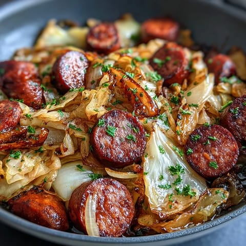 A sizzling cabbage and sausage skillet with tender cabbage, smoky sausage, and whole grain mustard, perfect for a cozy dinner.