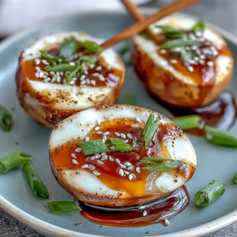 Spicy miso marinated eggs with a glossy, savory coating, perfect for ramen or as a protein-rich snack.