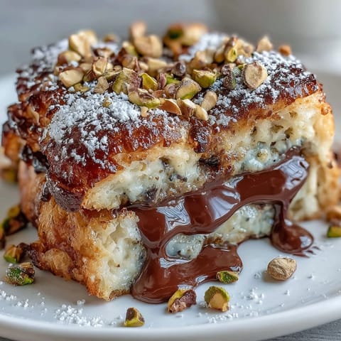 Decadent Dubai Chocolate Pistachio Croissant French Toast with melted dark chocolate and crushed pistachios, served golden and dusted with powdered sugar.