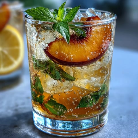 Refreshing iced peach green tea lemonade served in a tall glass with ice and fresh peach slices on top.