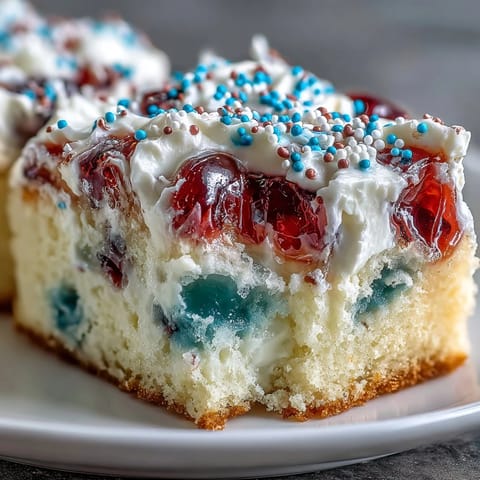 Memorial Day Red White Blue Poke Cake with vibrant red and blue gelatin swirls and whipped topping.  