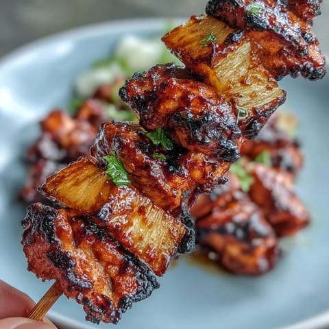 Juicy grilled chicken al pastor skewers with sweet pineapple chunks, charred to perfection and garnished with fresh cilantro.