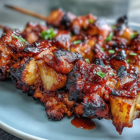 Smoky al pastor marinated chicken and pineapple skewers sizzling on the grill, offering a perfect blend of savory and tropical flavors.