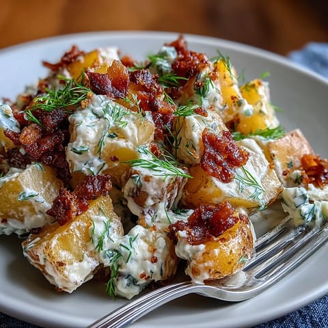 Crispy bacon and fresh dill elevate this Memorial Day potato salad with tangy dressing and tender Yukon Gold potatoes.
