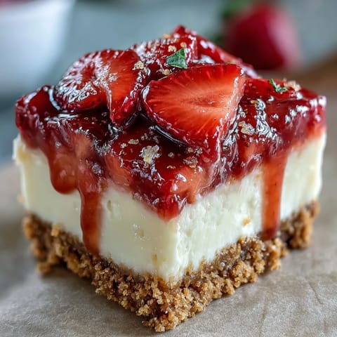 Creamy no-bake strawberry cheesecake bars with a buttery graham cracker crust and fresh strawberry topping, served chilled and ready to enjoy.