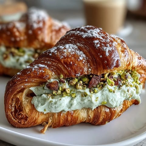 A golden, flaky croissant filled with rich pistachio cream, topped with chopped nuts and powdered sugar.  